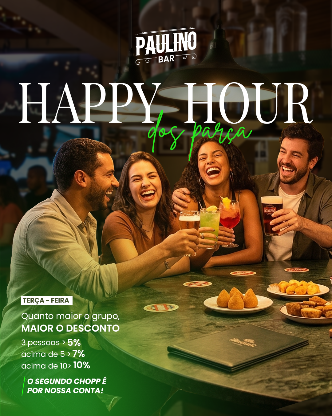 Card do Happy Hour dos Parça, às terças, com desconto por tamanho do grupo