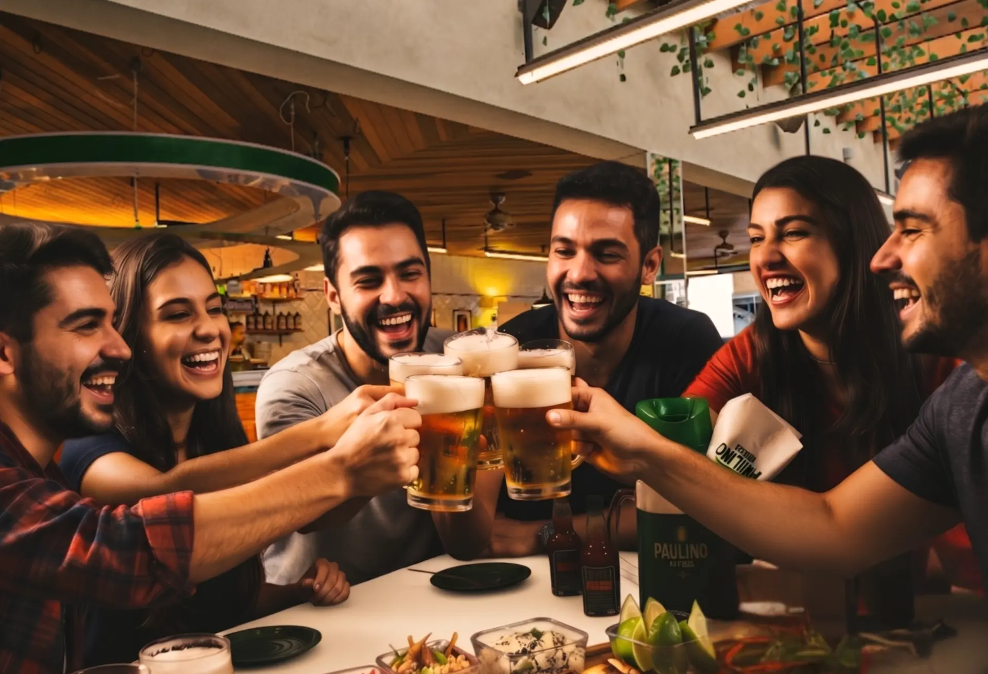 Amigos brindando com chopp gelado durante uma comemoração no Paulino Bar